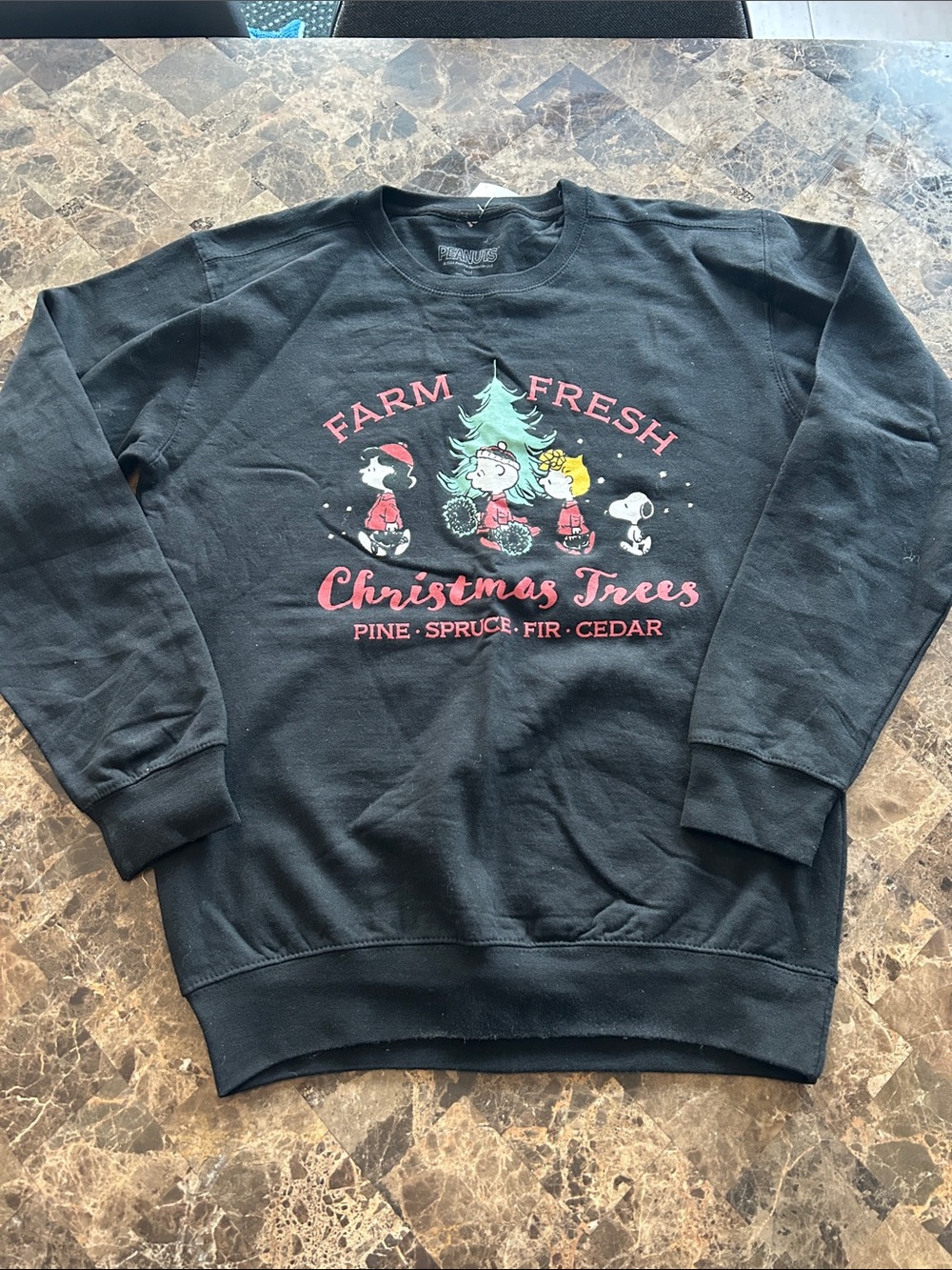 NWT 🆕 Peanuts Women’s Farm Fresh Christmas Trees Crewneck Oversized Sweater sz M